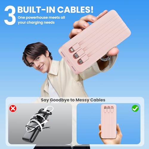 High-Capacity 50800 m Ah Portable Power Bank with 3 Built-In Cables, 25 W PD & QC4.0 Fast Charging – Universal Charging Solution for i Phone 16/15/14/13, Android Devices & More – Smart LCD Display, 6 Outputs & 2 Inputs, Enhanced Safety Features for On-the-Go Power Needs