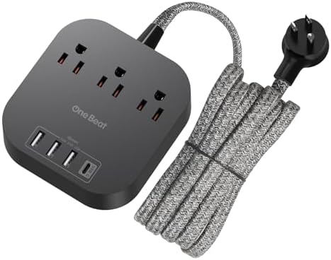 One Beat Power Strip with USB-C: 3 AC Outlets & 4 USB Charging Ports (22.5 W/4.5 A) – Flat Plug Design with 5 ft Braided Cord for Travel & Cruise Ship Use – ETL Listed Desktop Charging Station for Enhanced Safety & Speed