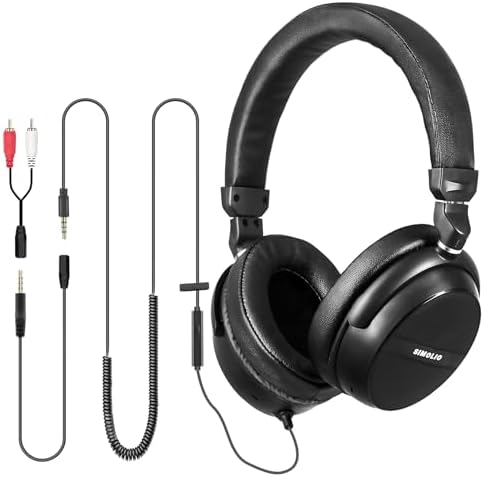 Elevate Your Listening Adventure with SIMOLIO 21.6 FT Over-Ear Headphones – Exceptional Sound Clarity, Built-In Microphone, Adjustable Volume Control & Travel-Friendly Fold-Flat Design for Ultimate Comfort – Perfect for TV Viewing, Gaming, and Music Enjoyment with RCA & 3.5 mm AUX Compatibility