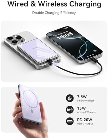 Ultra-Slim Kuulaa Mag Safe Battery Pack 5000 m Ah – Magnetic Portable Charger for i Phone 12-16 Pro Max with USB-C PD 20 W Fast Charging, Elegant Titanium Finish for On-the-Go Power Solutions
