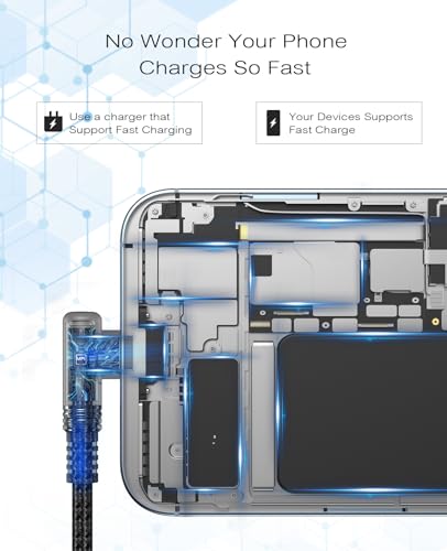 10 FT Right Angle i Phone Charger Cable 2-Pack – MFi Certified Lightning Fast Charging for i Phone 14/13/12/11 Pro Max & More – Durable Nylon Braided Design for Optimal Performance and Tangle-Free Convenience – Perfect for Gaming and Streaming