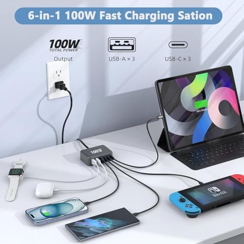 100 W Ga N Multi-Device Charging Hub – Ultra-Fast 6-Port USB-C and QC USB-A Station for i Phone, i Pad, Samsung & More – Compact High-Efficiency Wall Charger with Advanced Safety Features for Seamless Home & Office Charging Solutions