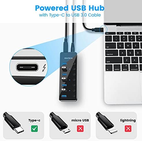 Elevate Your Connectivity with the RSHTECH 4 Port USB C to USB 3.0 Hub Expander – Sleek Aluminum Powered Splitter with 5 V AC Adapter & Individual On/Off Control for High-Speed Data Transfer (RSH-516-C) – Perfect for Professionals & Multitaskers