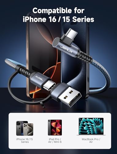 JSAUX 100 W USB C Cable 2-Pack – 10 FT Right-Angle Charging Cords with Fast Data Transfer for i Phone 16, Samsung Galaxy, i Pad & Mac Book – Durable & Flexible Design for Effortless Charging in Tight Spaces