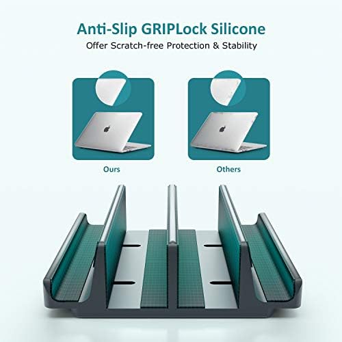 Transform Your Workspace with SPACEMax Premium Vertical Laptop Stand – Adjustable Aluminum Holder for Laptops Up to 17.3” Featuring Advanced Anti-Tip GRIPLock Technology – Versatile 4-Slot Design for Tablets and Phones – Elegant Silver Finish for a Modern Desk Aesthetic – Enhance Your Workflow Efficiency and Posture with Lightweight, Durable Construction