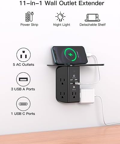 Revolutionary Wall Outlet Extender with Integrated Shelf & Adjustable Night Light – 5 USB Ports Including Rapid USB-C Charging, Surge Protection, and Compact Design for Enhanced Organization and Efficiency