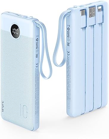 VRURC 10000 m Ah Portable Power Bank with Integrated Cables and LED Battery Indicator – Slim, Lightweight Travel Charger with Dual Input and Five Outputs for Effortless Device Charging – Ideal for Smartphones and Tech Gadgets – Stylish Blue Design (1 Pack) – Ultimate Convenience and Compatibility