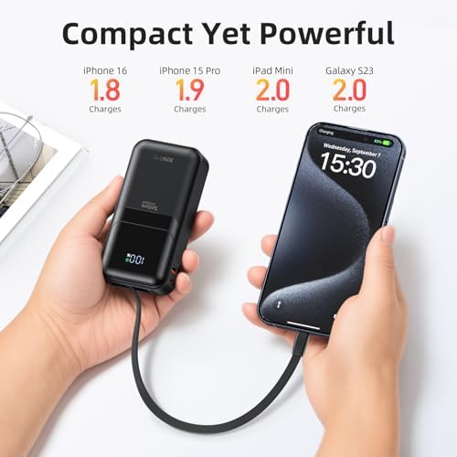 Ultimate 30 W Fast Charging Mini Power Bank for i Phone and Samsung – 10,000 m Ah Portable Charger with Built-In USB-C & Lightning Cables, LED Battery Indicator – Perfect Travel Companion for On-the-Go Charging