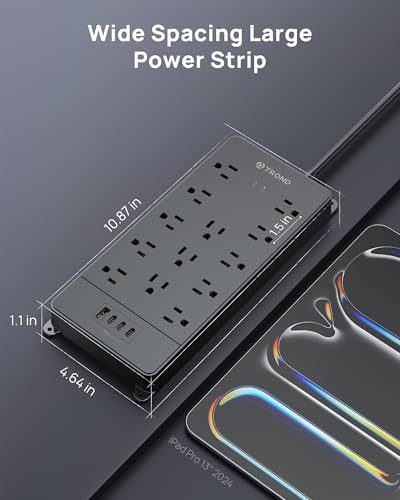 Maximize Your Power Potential with the TROND Heavy-Duty Surge Protector Power Strip: 13 Wide-Spaced Outlets, 32 W Quick Charge USB-C, 4000 Joules Protection, 5 ft Flat Plug Extension Cord, Wall Mountable Design for Seamless Integration in Home and Office Spaces – ETL Listed for Ultimate Safety and Reliability