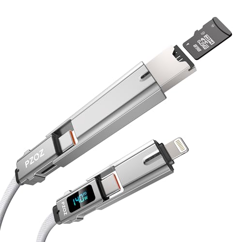 PZOZ 5-in-1 OTG Cable: Ultimate USB-C Fast Charging with LED Status Display, Micro SD Card Reader & Multi-Device Compatibility for i Phone, i Pad, Mac Book & Samsung – 140 W, 5 ft Length for Enhanced Versatility and Convenience