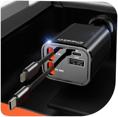 2025 Ultra-Compact 4-in-1 Retractable Car Charger – 69 W Fast Charging Adapter for i Phone 16, Galaxy and More – Innovative Space-Saving Design with Multiple Ports for Simultaneous Device Powering – Essential Car Accessory for Daily Commutes and Road Trips
