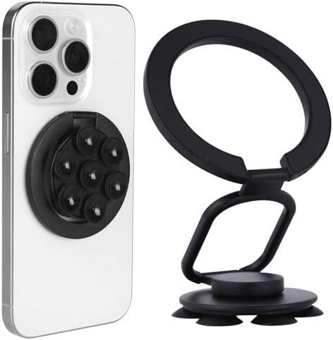 Versatile Magnetic Phone Holder and Multi-Function Stand with Suction Cup and Ring Grip – Perfectly Compatible with i Phone 16/15/14/13/12 Models and Mag Safe Cases (Elegant Black) – Enjoy Hands-Free Viewing and Enhanced Stability