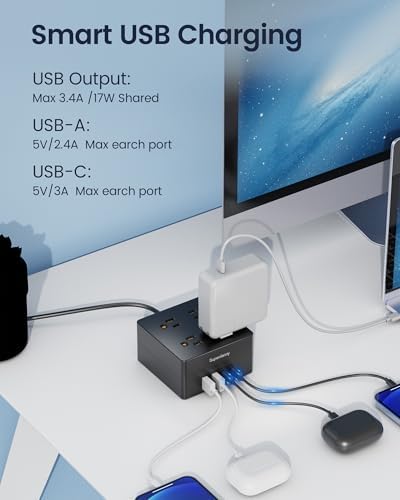 SUPERDANNY Portable USB Power Strip Surge Protector – Premium Desktop Extension Cord with 4 Spacious Outlets & 4 Advanced Smart USB Charging Ports for Home, Office, Hotel, Dorm, and RV Use – Elegant Faux Walnut Finish for Enhanced Aesthetics and Device Safety