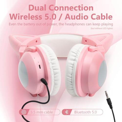 Vibrant Cat Ear Bluetooth Headphones – Wireless Over-Ear Headset with LED Lights and Built-In Microphone for Superior Sound – Ideal for All Ages, From Kids to Adults – Perfect for Music, Gaming, and Movie Watching on Phones, Tablets, PCs, and TVs – Lightweight, Foldable Design for Ultimate Portability and Comfort – Stylish Audio Solution for Everyday Use and Unique Self-Expression