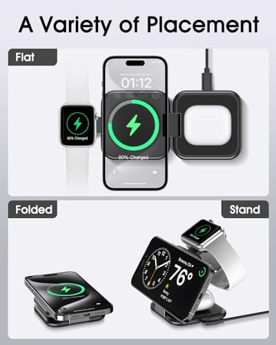 Ultimate 3-in-1 Magnetic Wireless Charging Station for Apple Devices – Fast Foldable Charger for i Phone 12-16 Series, Apple Watch, and Air Pods Pro – Travel-Friendly Green Design for Enhanced Efficiency and Compatibility