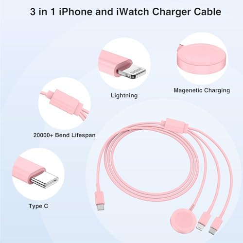 Ultimate 3-in-1 Magnetic Charger for Apple Watch – Fast USB-C Charging Cable for i Phone & i Pad Compatibility – 6 FT Versatile Length for All Apple Watch Series – Durable Design for Effortless Home and Travel Charging