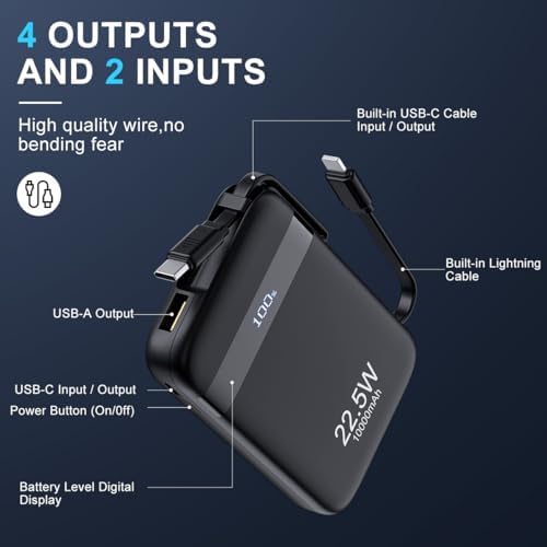 Ultra-Compact 10,000 m Ah Power Bank with Built-in Cables – Fast 22.5 W Charging, 4 Outputs, Dual Inputs, LED Power Indicator for i Phone, Samsung, Android & More – Perfect for On-the-Go Charging Solutions