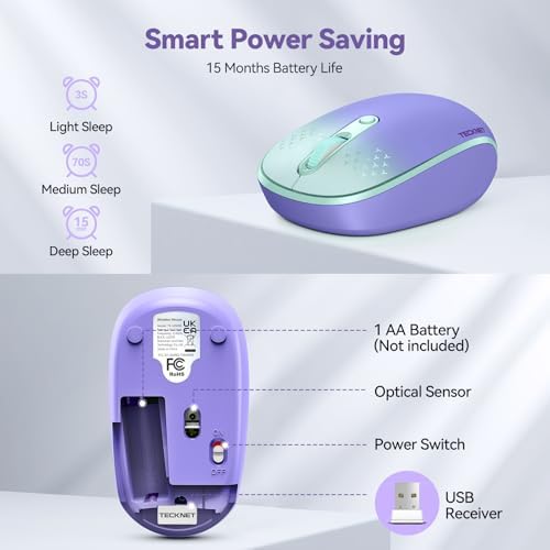 TECKNET 2.4 GHz Wireless Mouse – Ultra-Quiet & Portable Computer Companion with Adjustable DPI, USB Receiver, and Ergonomic Design for Seamless Use Across Chromebook, Laptop, PC & Mac – Enhance Productivity Effortlessly