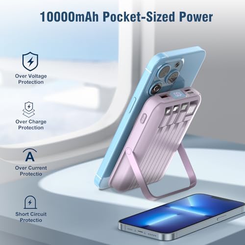 Ultra-Sleek 10000 m Ah Wireless Magnetic Power Bank – Fast Charging Portable Charger with Built-in Cables & LED Display – Compatible with i Phone 16/15/14/13/12/Pro/Mini/Pro Max (Purple) – Convenient On-the-Go Power Solution with Integrated Stand and Mag-safe Technology