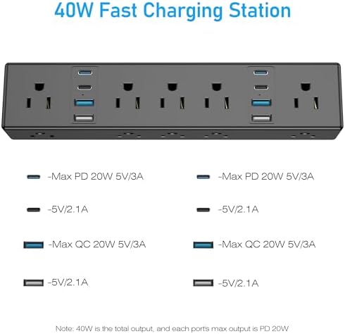VILONG 40 W Fast Charging Station – Advanced Desk Clamp Power Strip with 8 USB Ports (4 USB-C) and 10 AC Outlets – Perfect for Home & Office Use with 10 Ft Cord – Secure Mount Surge Protector for Clutter-Free Charging Solutions