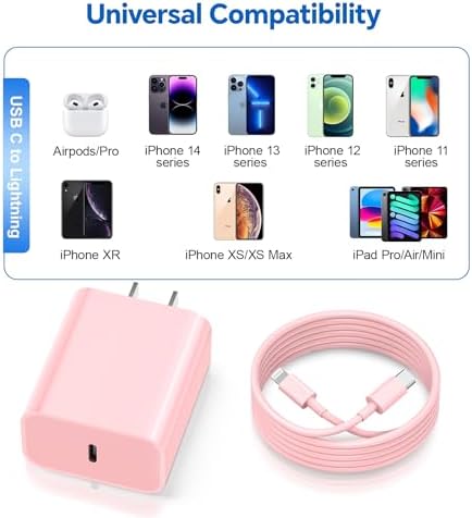 Elevate Your Charging Experience with the MFi Certified 20 W PD USB C Wall Adapter & Pink Lightning Cable Set – Fast Charging Solution for i Phone 14/13/12/11/Pro/Pro Max/Xs/Xr/X – 3-Pack for Home, Office, and Travel Convenience – Stylish & Durable Design for Ultimate Performance