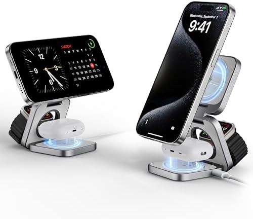 LULULOOK 3-in-1 Magnetic Wireless Charging Station – 15 W Fast Charger for i Phone 16/15/14 Series, 5 W Apple Watch Dock, and Air Pods Compatible with USB-C Cable – Sleek Aluminum Design for Enhanced Efficiency and Universal Device Compatibility