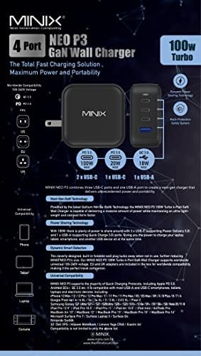 MINIX NEO P3 100 W Ga N Turbo Wall Charger – High-Speed 4-Port Charging Hub with 3 USB-C Ports (Max 100 W/20 W) & 1 USB-A Port (Max 18 W) – Ultimate Compatibility for Mac Book Pro, i Phone 14, i Pad Pro, Galaxy S9 & More – Compact Design for Travel & Daily Use – Fast Charge Multiple Devices Safely & Efficiently