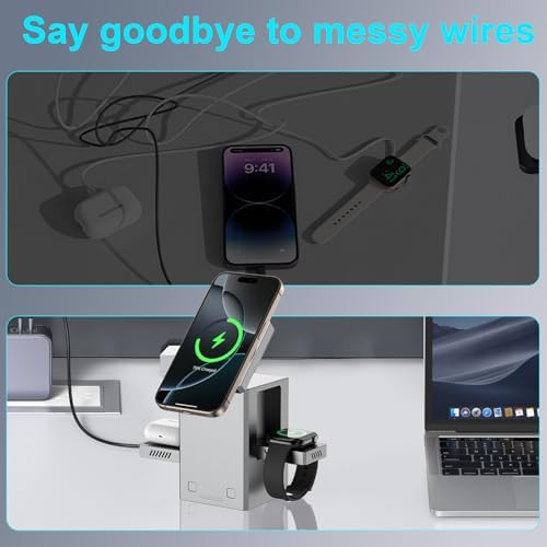 Advanced 25 W 3-in-1 Wireless Charging Station for Apple Devices – Space-Saving Auto Expand/Collapse Mag-Safe Stand for i Phone 16/15/14 Series, Apple Watch, and Air Pods – Compact Travel Charger Dock in Metal Gray with Enhanced Safety Features and Fast Magnetic Charging