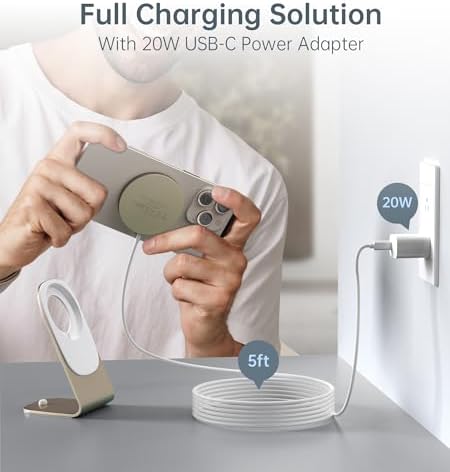 Elevate Your Charging Experience: Premium Magnetic Wireless Charger for i Phone 16/15/14/13/12 with 20 W USB-C Adapter – Fast, Elegant, and Versatile Charging Stand/PAD in Luxurious Gold – Enhanced Compatibility for Pro Max, Plus, Mini Models with 5 ft Cable for Ultimate Flexibility