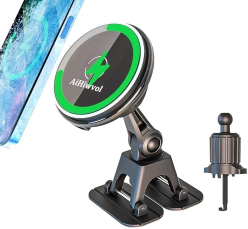 for Qi2 15W Magsafe Car Mount Charger, Heat Restriction Charging, 360° Adjustable and Foldable Phone Holder Charger for Vent/Dashboard, Fast Charging for iPhone 16 15 14 13 12 Series – Enhanced Compatibility and Speed