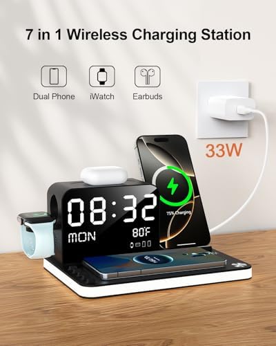 Dual 7-in-1 Wireless Charging Station for Apple Devices – Fast 33 W Dual i Phone Charger with Adjustable Touch Lighting, Bluetooth Time Sync, and Multifunctional Compatibility for i Phone 16/15/14/13/12, Apple Watch, and Air Pods – Enhanced Safety Features and User-Friendly Design