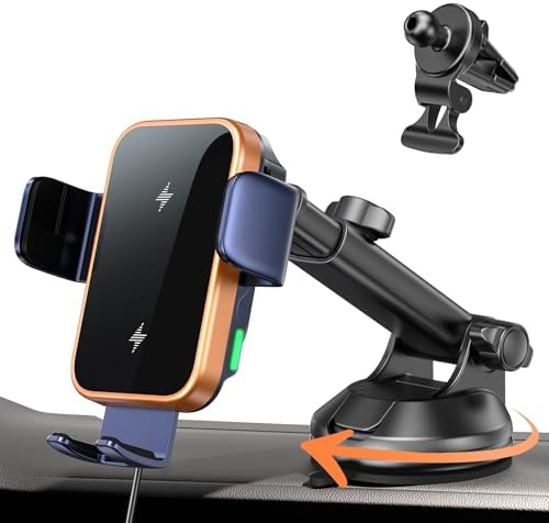 Revolutionary 15 W Dual Coil Wireless Car Charger & Auto-Clamping Phone Holder for Samsung Galaxy and i Phone Series – Effortless One-Handed Operation & Enhanced Compatibility for Safe, Fast Charging on Dash, Vent, or Windshield