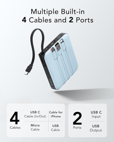 VRURC 10,000 m Ah USB C Portable Charger – Fast Charging Power Bank with Built-in Cable for i Phone 16/15/14, Galaxy S23/S22, Google Pixel & More – Lightweight Green Design for Ultimate Mobility and Reliability
