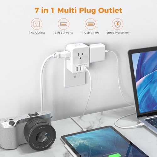 TESSAN Surge Protector Wall Outlet Extender with 3 AC Ports & 3 USB Charging Blocks (Including USB-C) – Multi Plug Wall Charger for Enhanced Device Connectivity in Home, Office, Dorm & School – Fast Charging & Compact Design for Ultimate Convenience