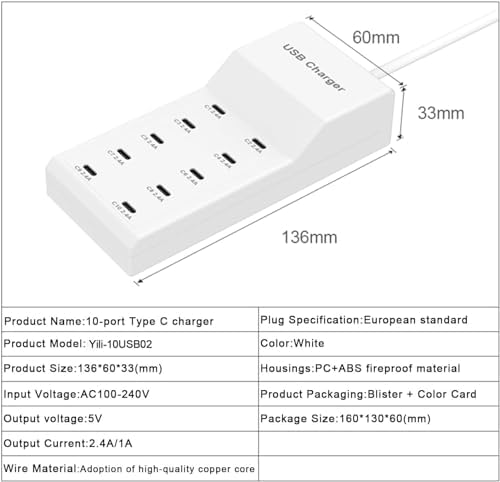 Ultimate 12-Port USB C Charging Station – 60 W Multi-Device Power Hub with 10 USB-C and 2 USB-A Ports for Fast Charging of i Phone, i Pad, Samsung, Google Pixel, Smartwatches, and Headphones – Compact Design for Home, Office, or Travel – Smart Technology for Optimal Power Delivery and Enhanced Compatibility