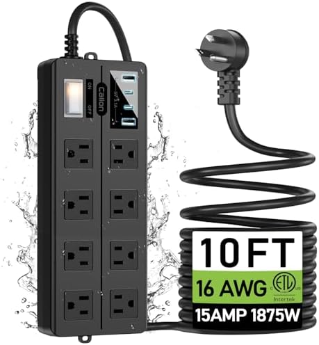 VNJ Outdoor Power Strip: 8 AC Outlets & 4 Fast USB Ports, IPX6 Waterproof Surge Protector with Safety Lock for Secure Connections, ETL-Certified 15 FT Extension Cord – Ideal for Home, Garden, and Commercial Applications