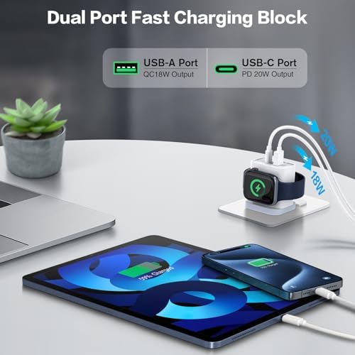 i Seeker Kit: 20 W Fast Charging Block for Apple Watch & Devices – Portable Dual Port USB C Wall Adapter for i Phone, Samsung, Android Tablets – Ultimate Charging Solution for Travel & Efficiency