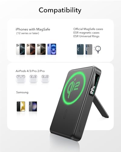 ESR Mag Safe 10,000 m Ah Portable Charger with Kickstand – Qi2 Certified 15 W Fast Charging Power Bank for i Phone 16/15/14/13/12 – Sleek Black Design with LED Display & 27 W USB-C Output for Effortless Charging On-the-Go