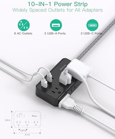 Compact Power Strip with 6 Outlets and 4 USB Ports (2 USB-C) – 5 Ft Braided Extension Cord with Ultra-Slim Flat Plug for Wall Mounting – Essential Overload Protection for Travel, Dorm Rooms, and Cruise Ships – Versatile Device Charger for Modern Living