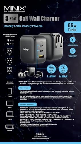 MINIX 66 W Turbo Ga N Wall Charger – Ultra-Compact 3-Port USB-C & USB-A Fast Charging Adapter for Laptops, Smartphones, and Tablets with Power Delivery & Quick Charge 3.0 – Advanced Compatibility & Multi-Protection Design