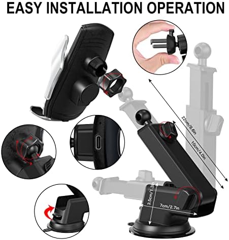 15 W Qi Wireless Car Charger Mount with Auto-Clamping Feature – Versatile Phone Holder for i Phone & Samsung, Long Arm Suction Cup for Dashboard, Windshield, and Air Vent – Effortless Hands-Free Charging for Ultimate Convenience