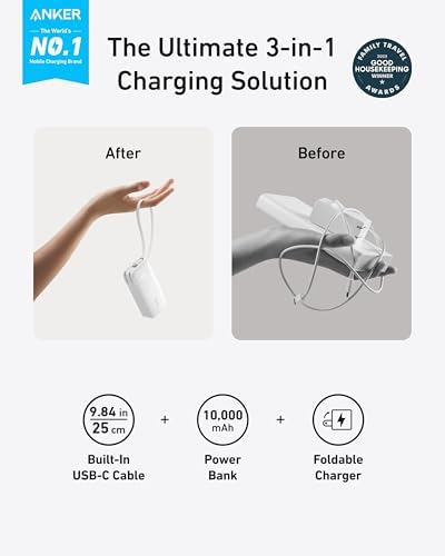 Anker Nano 3-in-1 Power Bank: 10,000 m Ah Fast Charging Portable Charger with Built-in USB-C Cable & Foldable Wall Plug for i Phone 15/16, Galaxy, and Mac Book – Ultimate Travel Charging Solution with Enhanced Compatibility and Speed
