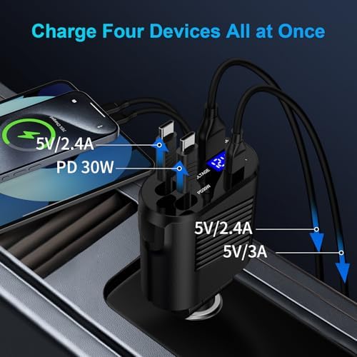 Ultra-Fast 45 W 4-in-1 Retractable Car Charger with Dual Cables for Samsung Galaxy – Optimized Charging for A-Series and S-Series Models, USB A & C Ports, Tangle-Free Design for Ultimate Convenience and Compatibility