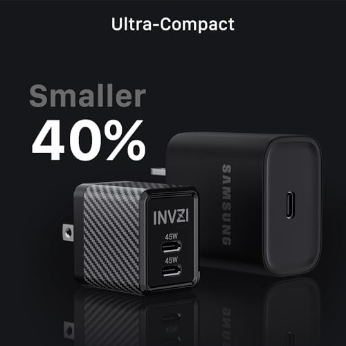 INVZI Ga N 45 W Dual-Port USB-C Fast Charger – Ultra-Portable Foldable Adapter for i Phone 16/15, Samsung Galaxy S24/S23, Pixel & i Pad Pro – Superior Ga N Technology for Efficient Multi-Device Charging on the Go