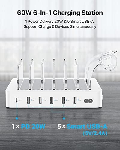 Soo Pii 60 W 6-Port USB-C Charging Station with 20 W Fast Charge – Multi-Device Power Hub for i Phone 14/13/12, Includes 6 Short Cables & 2-in-1 Holder for Organized Charging – Perfect for Home, Office & Travel