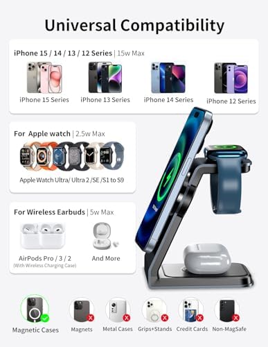 Sleek Aluminum 3-in-1 Magnetic Wireless Charging Station for Apple Devices – Fast Charge i Phone 11-16 Pro Max, Apple Watch Series 2-8 & Air Pods 2/3/Pro – All-in-One Charger Stand with Adapter for Enhanced Efficiency and Modern Aesthetics