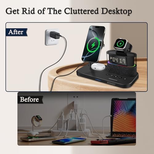 MONASAY Qi2 5-in-1 Wireless Charging Hub with Alarm Clock – 23 W Fast Charger for i Phone 16/15/14/13/12, Air Pods, and Apple Watch – Magnetic Stand for Optimal Device Alignment – Sleek Black Design for Home and Office Use – Ultimate Convenience and Speed in One Charging Solution