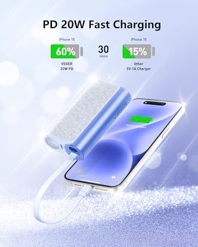 VEGER Stylish 10,000 m Ah Portable Charger with Detachable Cable – 20 W Fast Charging Power Bank for i Phone 15/14 & Android Devices – Chic Travel Essential in Eye-Catching Blue for On-the-Go Charging
