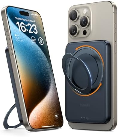 TORRAS 5,000 m Ah Magnetic Power Bank with Integrated Stand – Ultra-Slim Wireless Charger for i Phone 15 Series & Samsung Galaxy S24 Ultra – Fast Charging Convenience for On-the-Go Power Needs – Lightweight & Durable Design for Effortless Portability