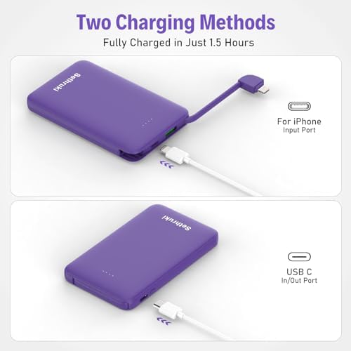 Ultra-Slim 20 W Fast Charging Power Bank with Built-in USB C Cable – 6000 m Ah Lightweight Portable Charger for i Phone 16, 15, Samsung & Android Devices – Essential Travel Battery Pack for On-the-Go Power Needs